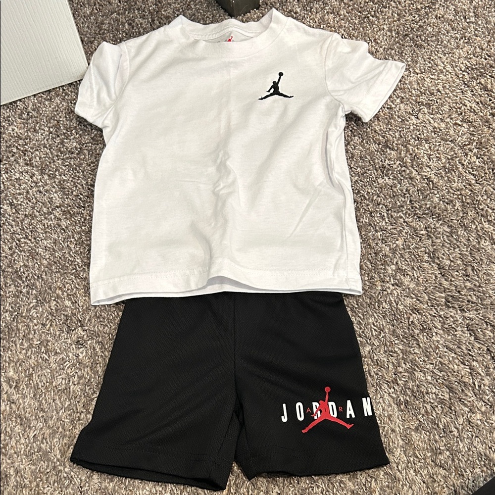 LIKE NEW! Toddler Boys Jordan White Tee with Black Shorts and Red Logo. Size 2T